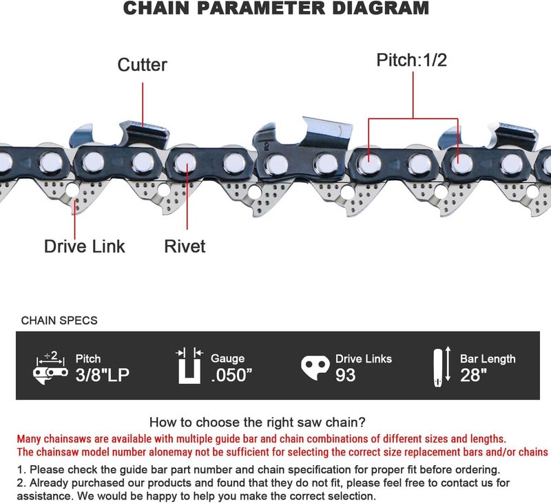 V-MODEST 28 inch Chainsaw Chain 93 Drive Links, 3/8" Pitch .050" Gauge Full Chisel Saw Chain fits Husqvarna 365, 555, 565, 372XP, 562XP, 572XP, 576XP, 390XP, 395XP, 3120XP, Echo CS-600P (1 Chain) - Image 3